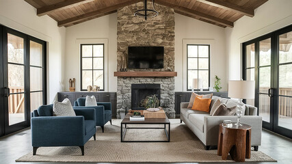 Farm house luxury style living room with a fireplace and a sconce hanging from the ceiling. Generative AI.