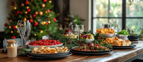 Christmas dinner table setting with a variety of dishes, including roasted vegetables, bread, and salad, with a decorated Christmas tree in the background.