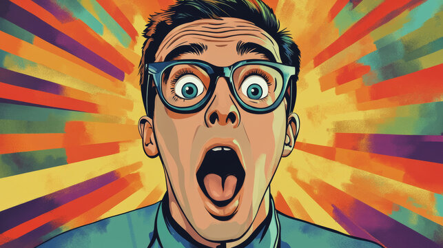 A funny cartoon man with a surprised face, drawn in a colorful pop art style.