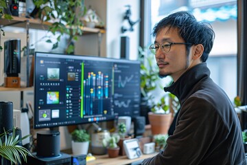 A young man focused on analyzing data displayed on a large monitor. The indoor workspace features various plants and technology, providing a calming atmosphere while he works
