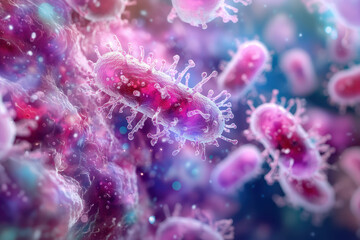 Obraz premium Close-up of delicate purple and pink microscopic bacteria.