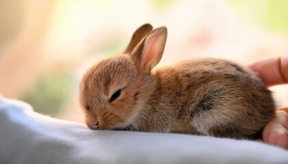  手のひらに収まるほどの小さな赤ちゃんうさぎが、毛布の上で丸まって寝ている。ふわふわの毛と小さな耳がとても愛らしく、優しい光が差し込む中で、安心した表情を浮かべながらスヤスヤと眠っている