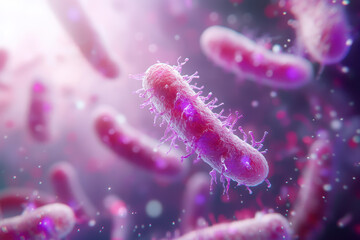 Close-up of delicate purple and pink microscopic bacteria.