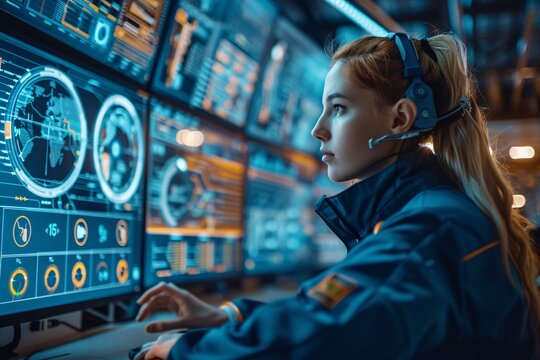 A young woman wearing a headset is focused on monitoring data from multiple screens in a high-tech control room. Various charts and graphs are displayed, indicating real-time information analysis