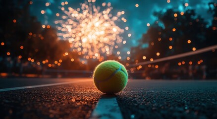 A tennis ball rests on a court at dusk with fireworks lighting up the sky.