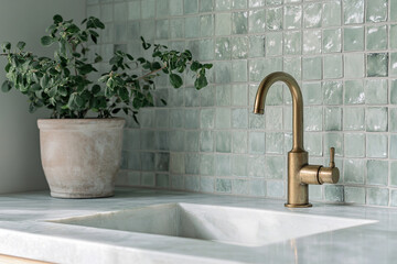 A close-up of a sink showcasing luxurious marble texture and soft pastel green palette, complemented by textured tiles in pale blue-green,a vintage brass faucet,and a potted plant adding natural charm