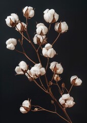 Natural Dry Cotton Branch stand on black background with a large copy space