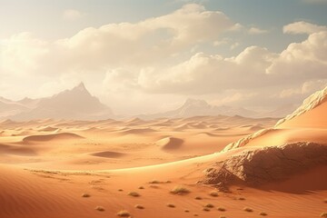 Naklejka premium A vast desert stretches endlessly with rolling sand dunes and rocky formations illuminated by sunlight framed by clouds in the crisp blue sky