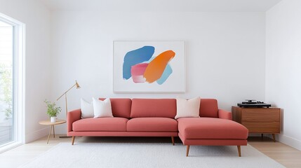 Red modern sofa, contemporary living room, abstract wall art, side wooden cabinet with plant, minimalist design, neutral wall background, artistic home decor, stylish and inviting space

