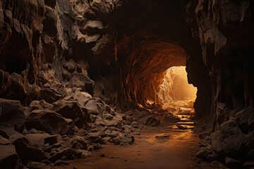 A winding path inside a mysterious old cave beckons with warm sunlight filtering through illuminating rough rock formations and shadows within the depths