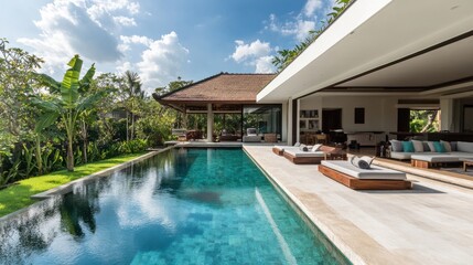 Luxurious bali villa outdoor pool area with modern furniture and tropical landscaping elements