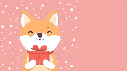   A charming red fox holds a gift-wrapped box and wears a bow on its chest against a soft pink backdrop with snowflakes