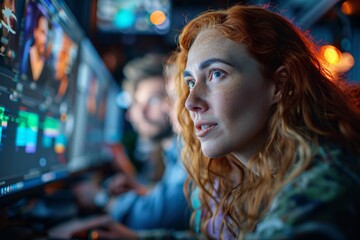 Obraz premium In a bustling studio, a woman with red hair concentrates intently on her computer screen, where she edits video clips alongside colleagues engaged in collaborative work