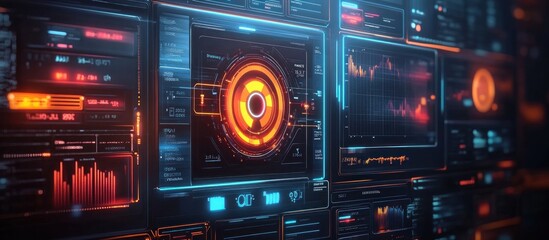 Obraz premium Futuristic interface with glowing digital panels displaying data and graphs.