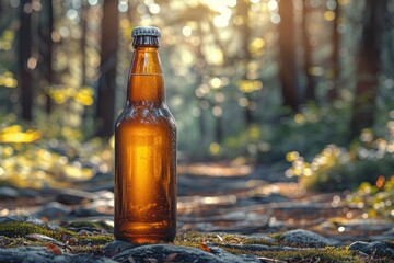 Glass Bottle Mockup on Wooden Table in Forest