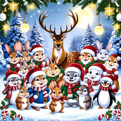 Create a vibrant and joyful Christmas scene filled with a diverse group of happy animals.