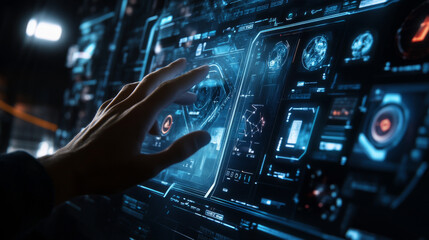 A futuristic smart home system with a virtual screen. You can control everything from your phone, making your home more automated and efficient. The image shows a hand interacting with the screen.