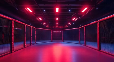 Empty MMA cage with dramatic red and blue lighting creates an intense atmosphere.