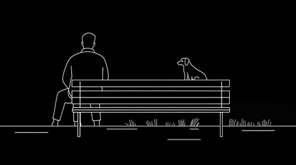  A man sits on a bench with his dog perched in front of him against a black backdrop