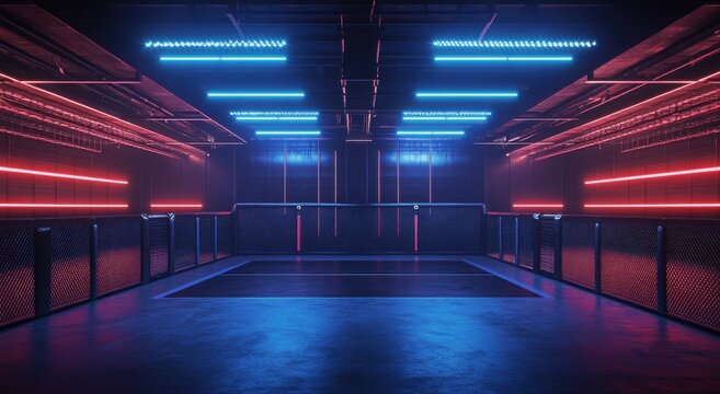Futuristic neon-lit sports arena with vibrant blue and red lights.