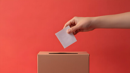 Hand dropping ballot into a voting box against a vibrant red background illustrating the democratic process of elections in the USA