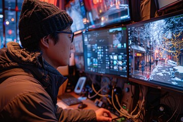 Obraz premium A technician, wearing a winter hat and jacket, is focused on several computer screens displaying snowy city streets and festive lights. The atmosphere is cozy and tech-driven