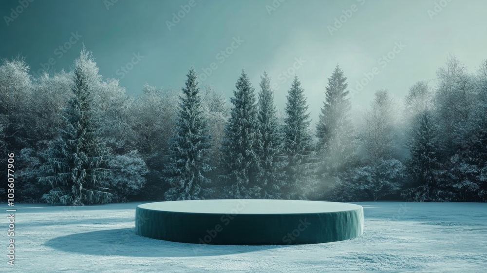 Poster in a tranquil winter landscape, a circular platform sits amidst a forest of tall, frosted evergreen 