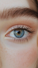 Fototapeta premium A person's blue eye with long lashes, looking directly at the camera. 