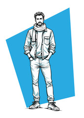 Obraz premium character illustration for a modern young man guy wearing jeans, a jacket and a neck scarf on a blue abstract background design Hipster man with a beard and moustache.