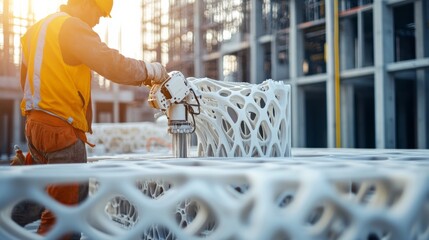 A detailed shot of a construction worker using 3D printing technology to fabricate building components on-site, Construction 3D printing scene, Innovative construction style