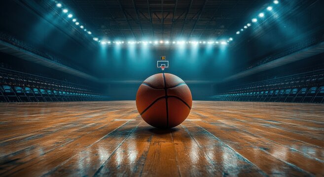 A basketball sits on a hardwood court under dramatic arena lights, ready for the game to begin.