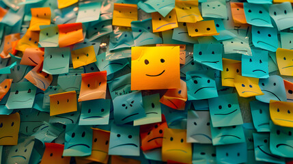 Obraz premium Sticky Notes with smileys on it, the yellow one smile in the center the other ones are sad. concept for emotion and personal feelings