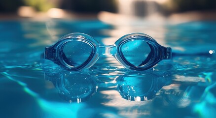Close-up of blue swim goggles floating on a clear pool surface under sunlight.