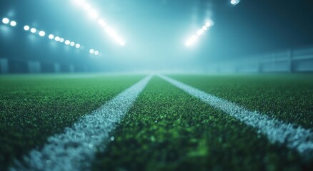 A foggy, illuminated soccer field at night with bright lights and vivid green turf.