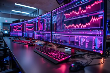 A high-tech trading environment showcases numerous large monitors filled with fluctuating market data and analytics