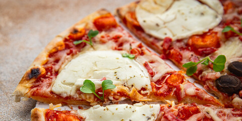 Pizza goat cheese, tomato sauce, bacon tasty food dish fresh delicious gourmet food background on the table rustic food top view copy space top view