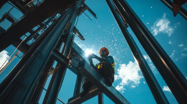 A detailed shot of a construction worker welding steel beams on a high-rise building under construction, Steel construction scene, Technical expertise style