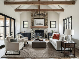 Beautiful living room interior with hardwood floors and fireplace in new luxury home Large bank of windows hints at exterior view