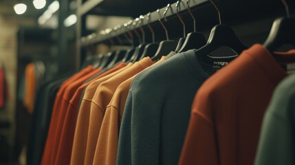 Fototapeta premium Sweatshirts and hoodies hanging on hangers in the store. Street fashion, unisex and youth wears. 