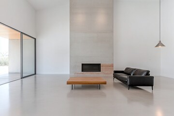 Black leather sofa, concrete fireplace, minimalist living room, modern furniture, wooden coffee table, white walls, open space, elegant interior design

