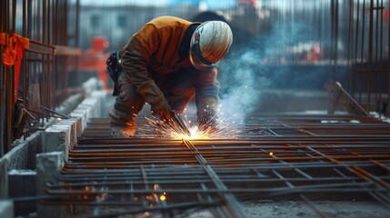 A detailed shot of a construction worker welding steel reinforcements for a residential building foundation, Residential construction scene, Structural reinforcement style