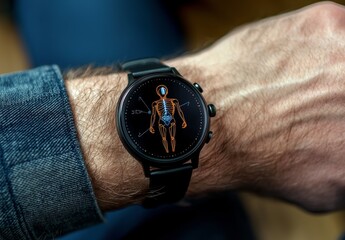 Futuristic smart watch tech concept with holographic UI. Male looking at watch checking health. Futuristic smart watch technology concept.