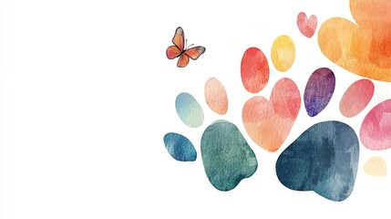   Watercolor illustration depicting a butterfly soaring above an array of heart shapes against a blank white backdrop