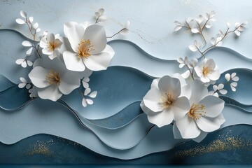 Elegant 3D paper art featuring abstract floral wall decor with white flowers and golden leaves on a textured blue background
