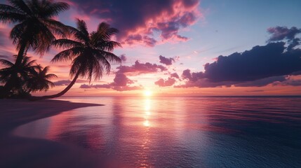 Stunning tropical beach sunset with palm trees, serene water, and vibrant sky colors. Perfect for vacation and nature-themed photography.
