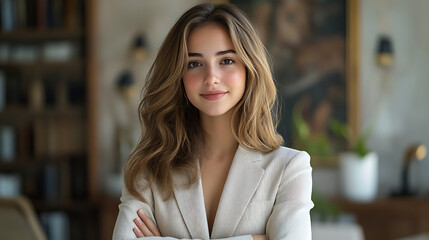 Fototapeta premium A woman with long brown hair is smiling and posing for a picture