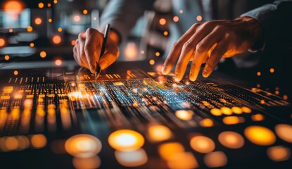 At night, businessman using computer, hologram, and touchscreen to analyze data, code, and program. Holographic, software overlay of an IT person researching information technology.