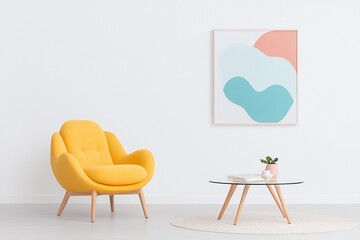 Fototapeta premium Yellow armchair, minimalist interior, white wall backdrop, glass coffee table, abstract wall art, pastel color palette, cozy and modern living room decor