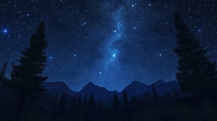 Naklejka premium The wonder and enormity of the night under the stars on a cloudless night. Milky Way and silhouettes of trees and mountains. Beautiful milky way with stars