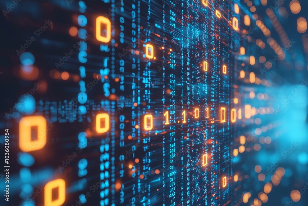 Poster binary data in blue on a computer screen
